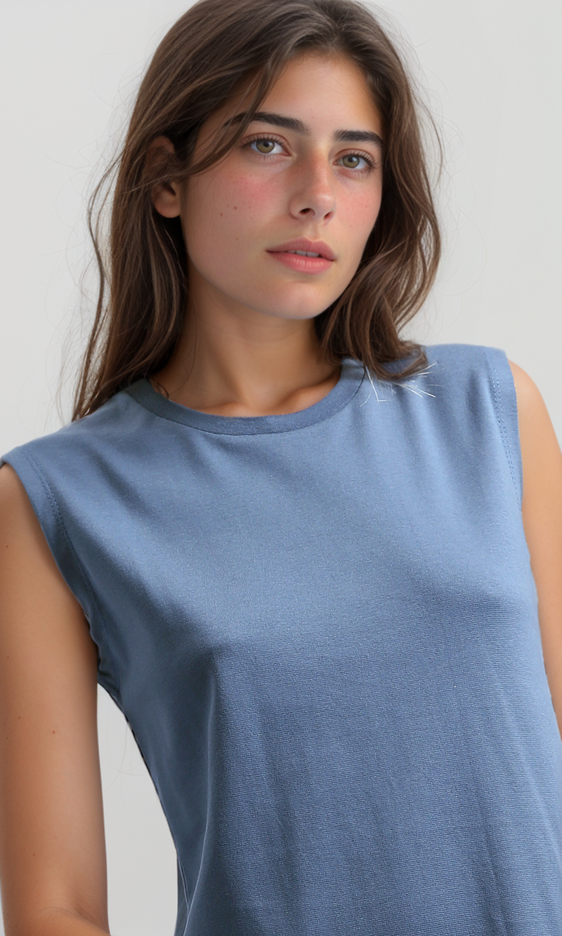 فستان ميدي نسائي سادة بدون أكمام - جينز أزرق