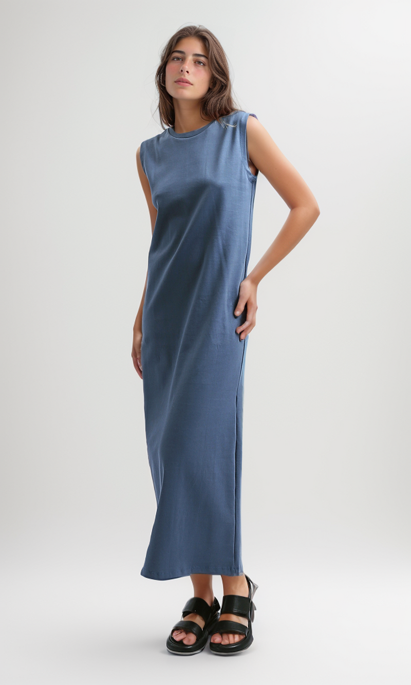 فستان ميدي نسائي سادة بدون أكمام - جينز أزرق