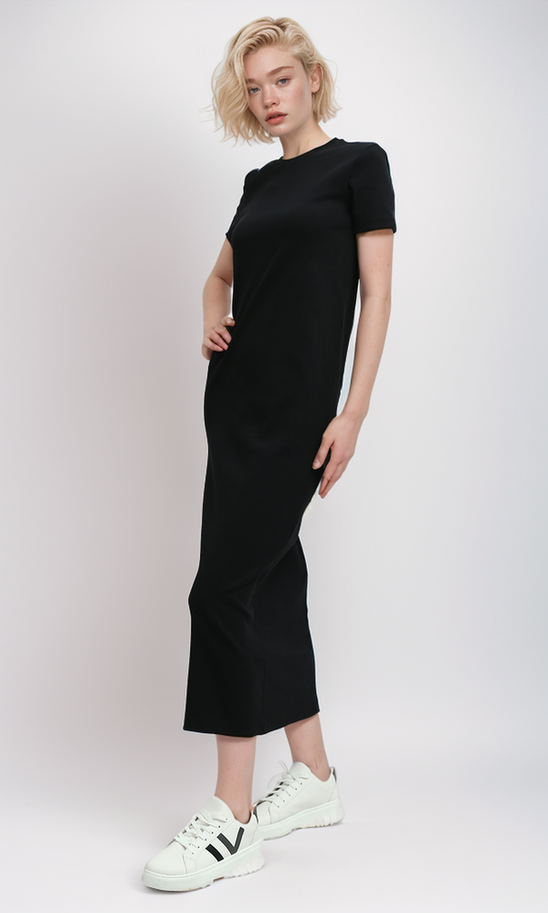 O197719 Slip On Casual Black Short Sleeve Midi Dress