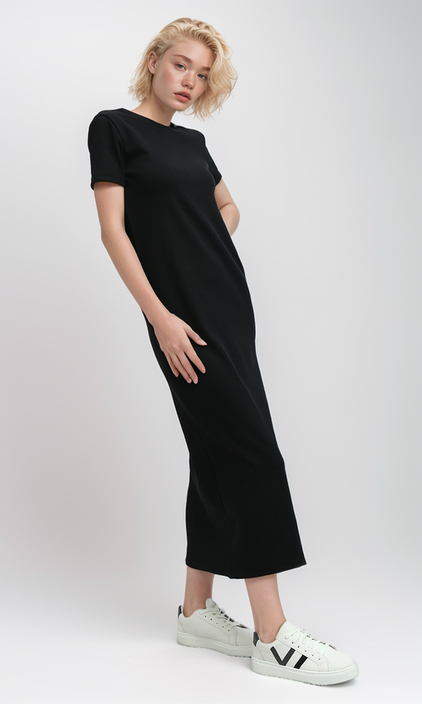 O197719 Slip On Casual Black Short Sleeve Midi Dress