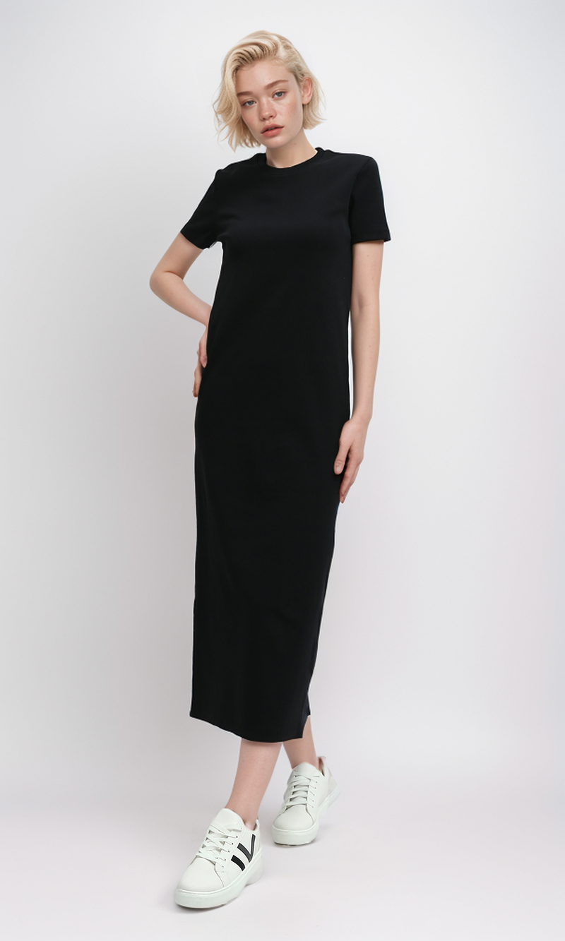 O197719 Slip On Casual Black Short Sleeve Midi Dress