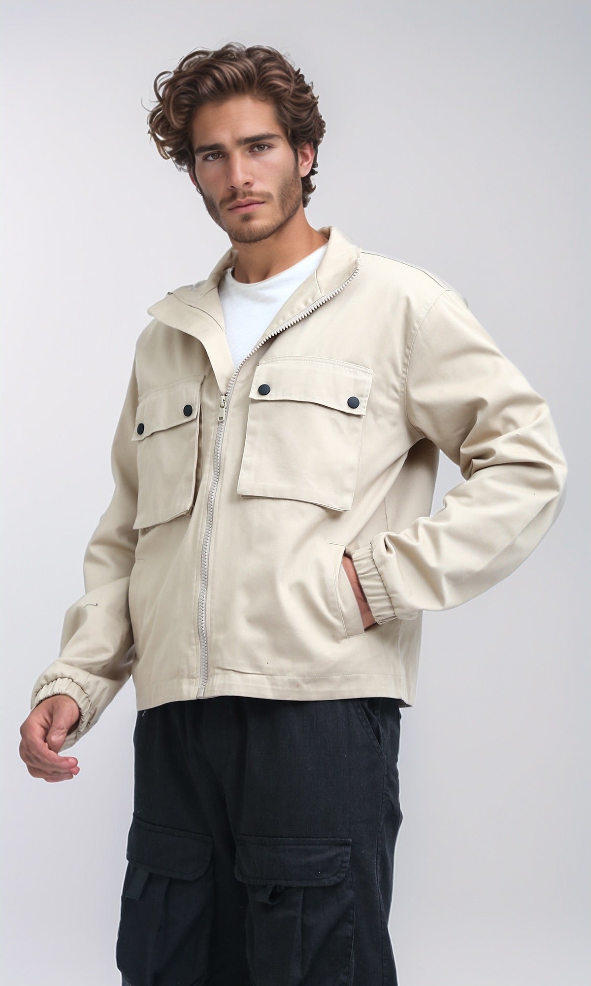 O197931 - Front Buttoned Multipockets Gabardine Jacket - Biege
