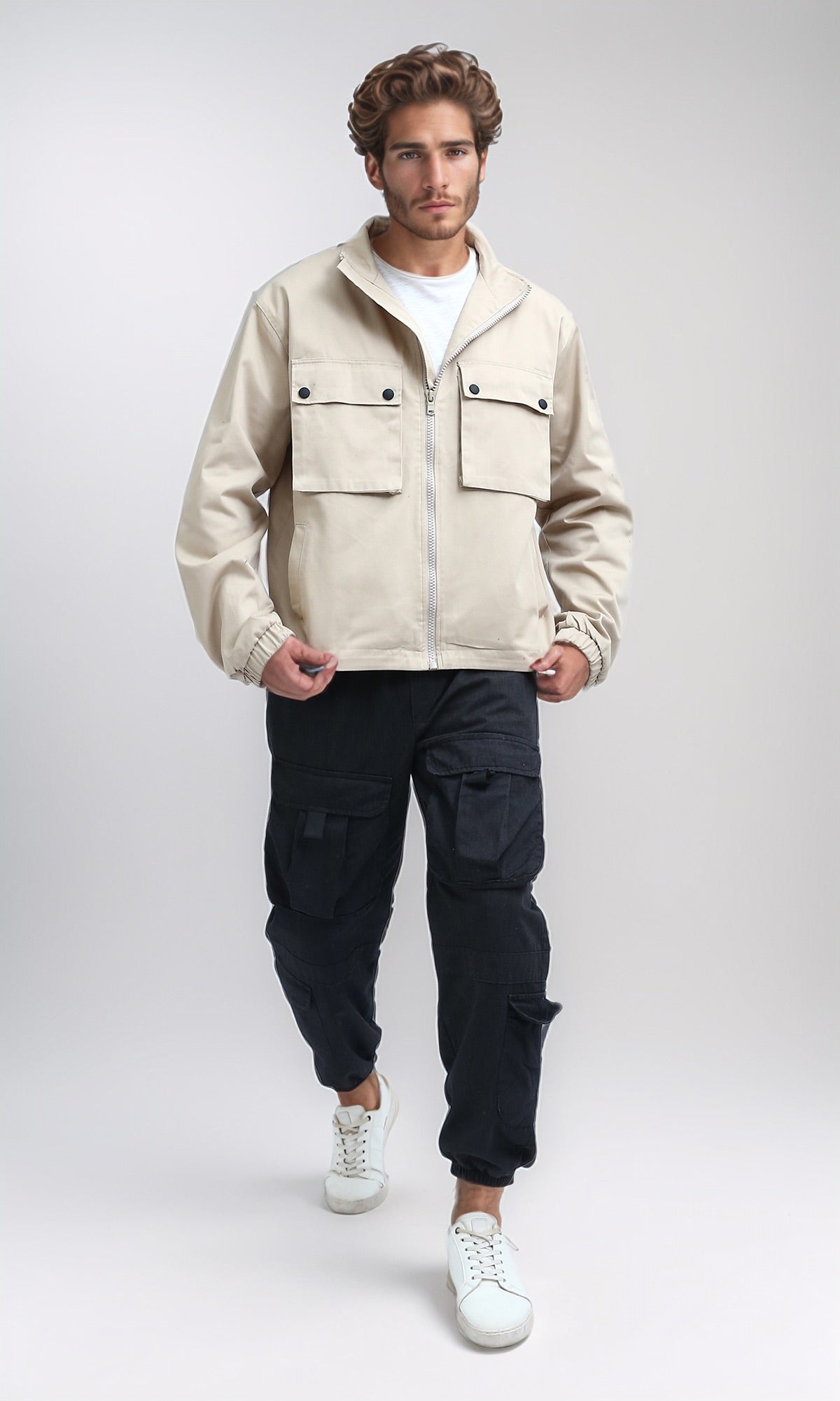 O197931 - Front Buttoned Multipockets Gabardine Jacket - Biege
