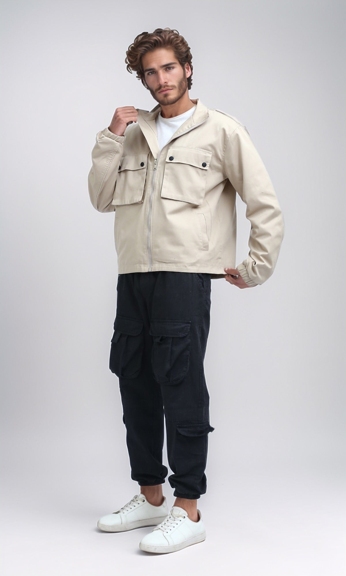 O197931 - Front Buttoned Multipockets Gabardine Jacket - Biege