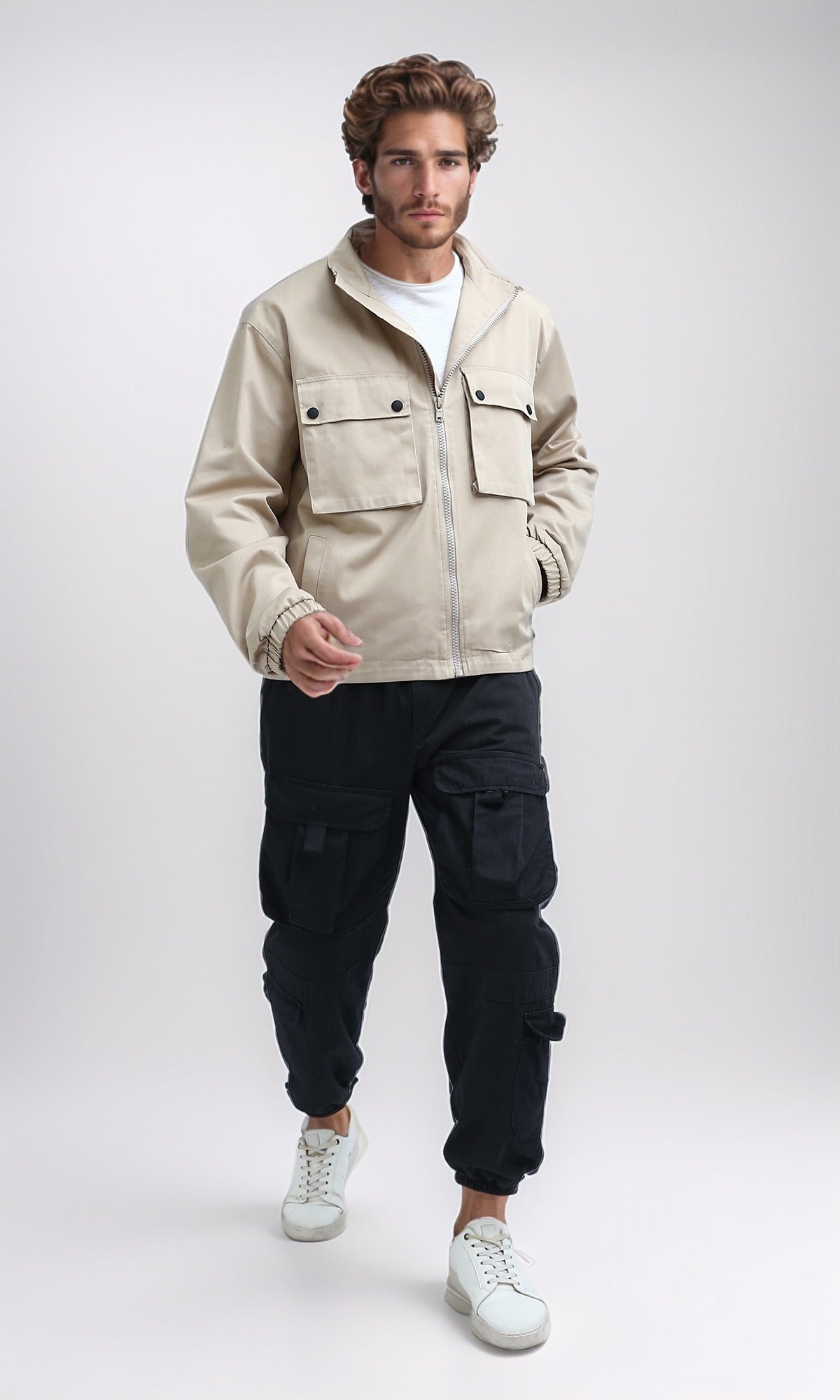 O197931 - Front Buttoned Multipockets Gabardine Jacket - Biege
