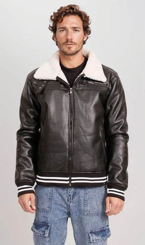 O197933-O197933 - Faux Leather Jacket with Shearling Collar - Black