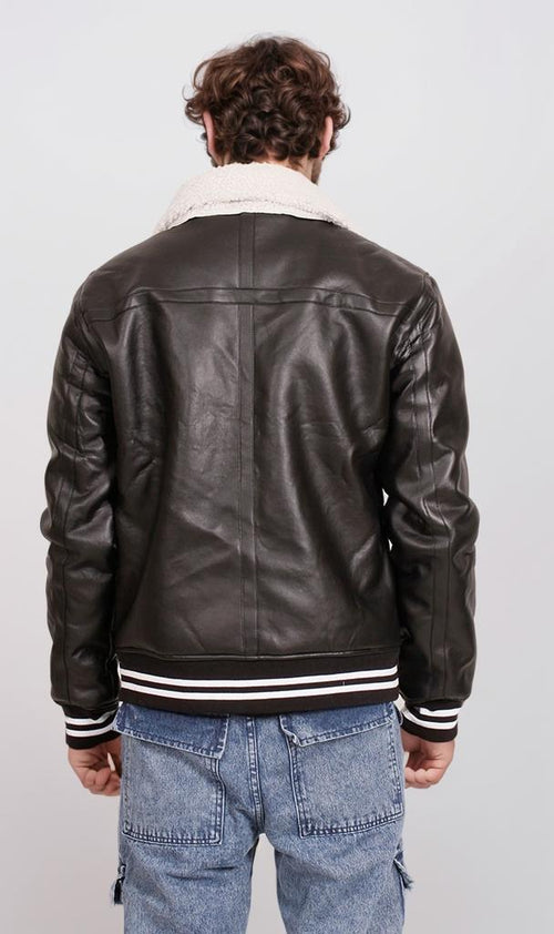 O197933-O197933 - Faux Leather Jacket with Shearling Collar - Black