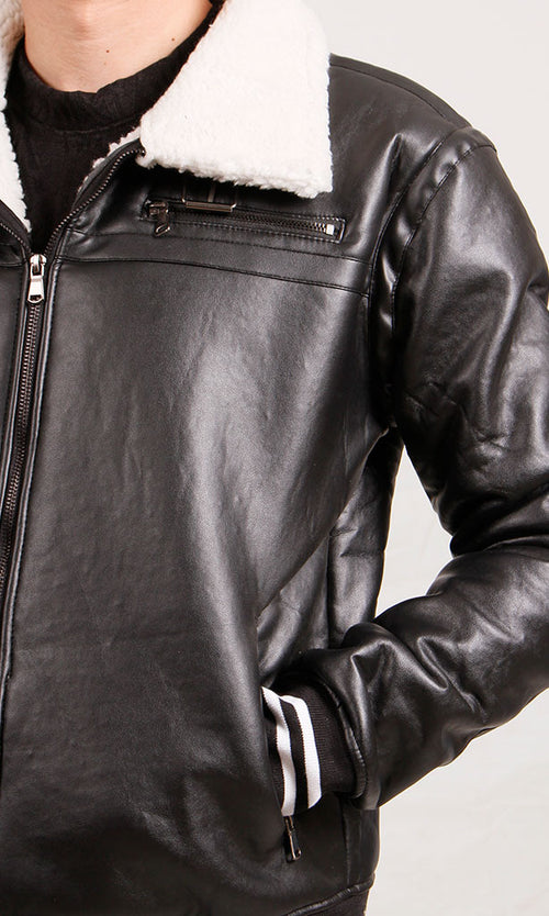 O197933-O197933 - Faux Leather Jacket with Shearling Collar - Black
