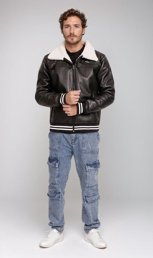 O197933-O197933 - Faux Leather Jacket with Shearling Collar - Black