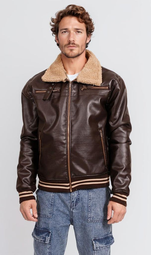 O197934-O197934 - Faux Leather Jacket with Fur Collar - Brown