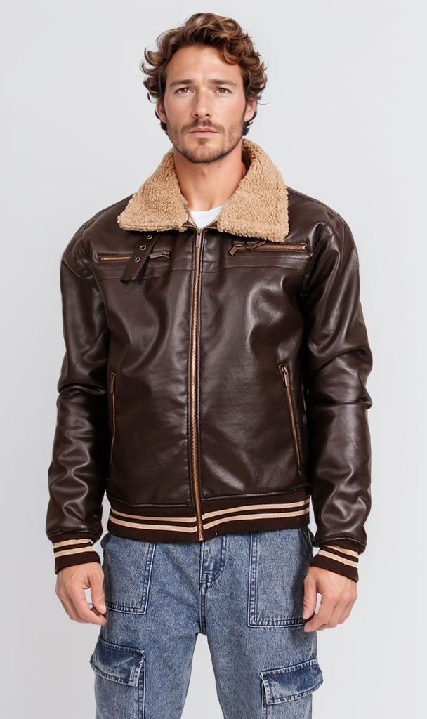 O197934-O197934 - Faux Leather Jacket with Fur Collar - Brown