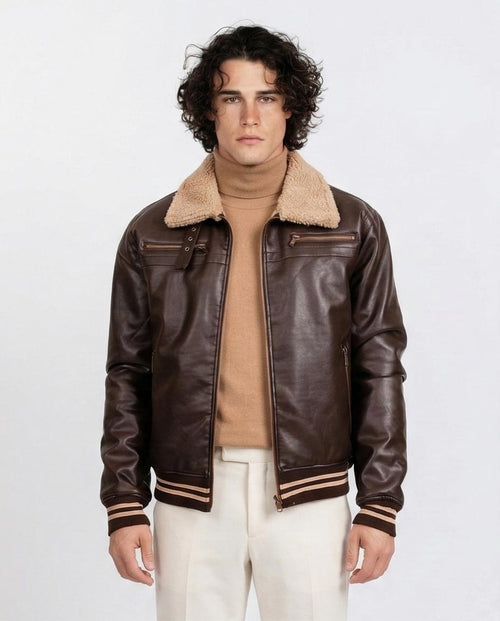 Ravin Men's Sherpa-Lined Faux Leather Aviator Bomber Jacket - Chocolate Brown - O197934