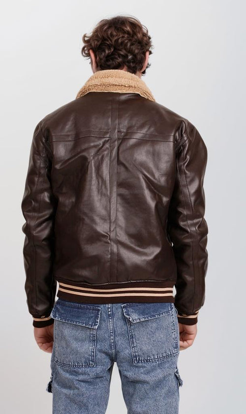 O197934-O197934 - Faux Leather Jacket with Fur Collar - Brown