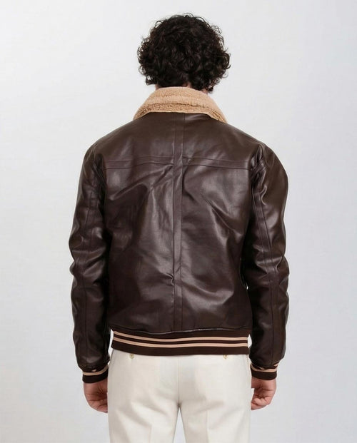 Ravin Men's Sherpa-Lined Faux Leather Aviator Bomber Jacket - Chocolate Brown - O197934