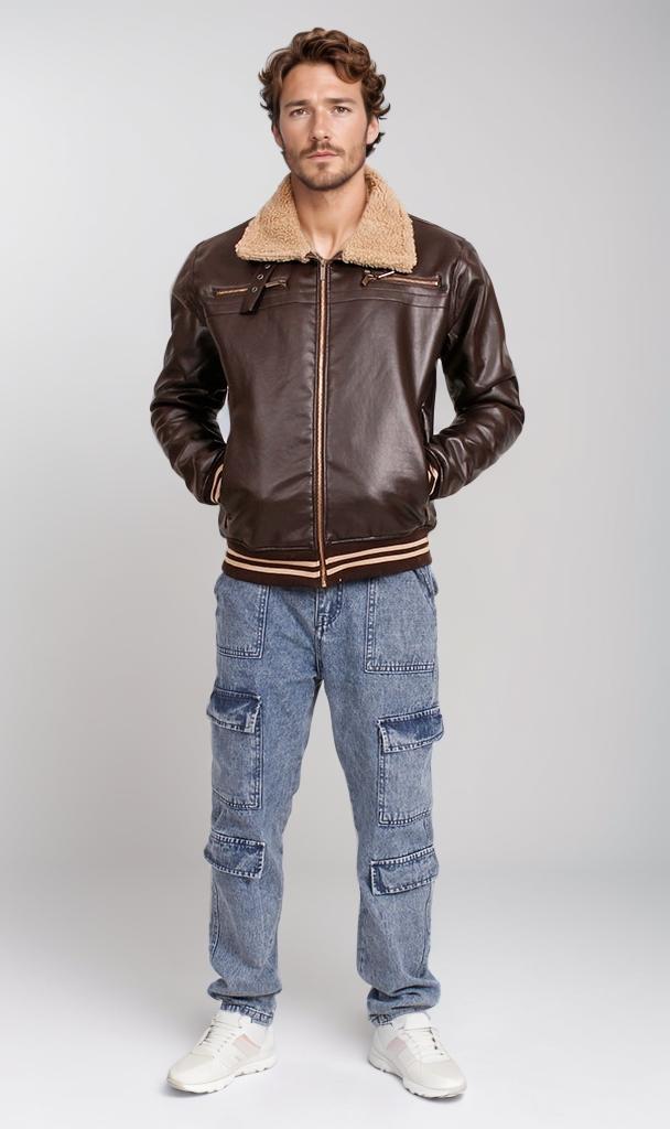 O197934-O197934 - Faux Leather Jacket with Fur Collar - Brown