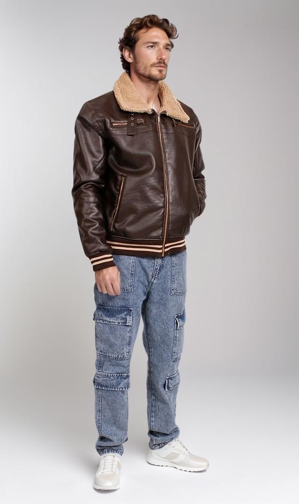 O197934-O197934 - Faux Leather Jacket with Fur Collar - Brown