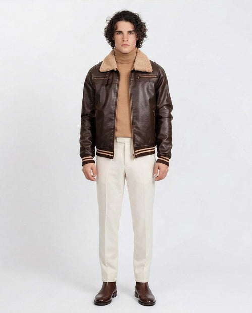 Ravin Men's Sherpa-Lined Faux Leather Aviator Bomber Jacket - Chocolate Brown - O197934