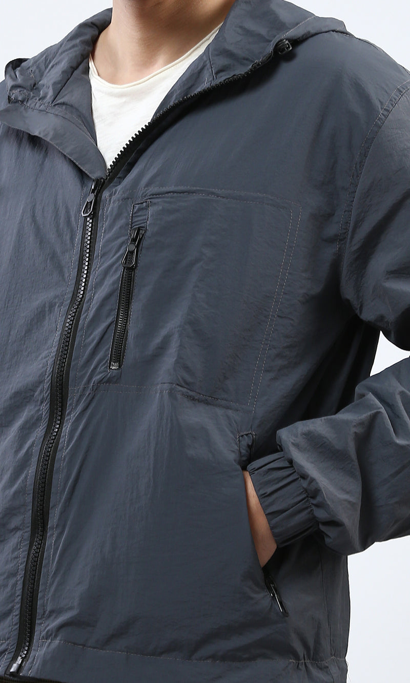 o197939 - Windbreaker Winter Jacket With Front Zipper - Dark Grey