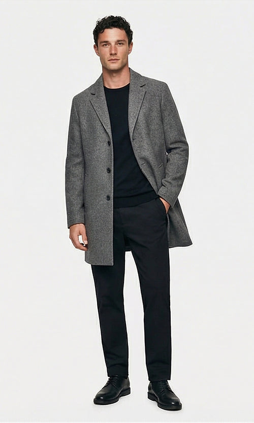 Men's Heather Grey Structured Notch Lapel Overcoat - O197941