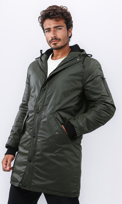 o197944 - Windbreaker Long Jacket With Front Pockets - Dark Olive