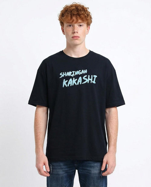 Person wearing a black t-shirt with 'Sharingan Kakashi' text on a white background