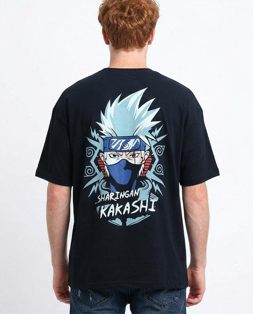 تي شيرت رجالي كبير الحجم بتصميم جرافيك كاكاشي هاتاكي من رافين – ملابس شارينغان بتصميم ناروتو ستريت وير - أسود - O198028