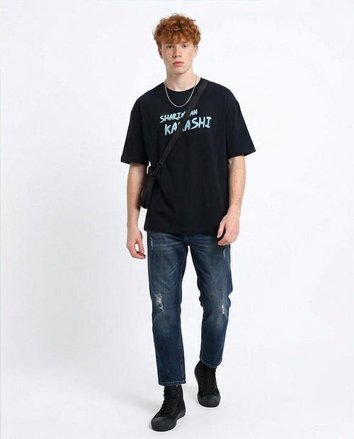 تي شيرت رجالي كبير الحجم بتصميم جرافيك كاكاشي هاتاكي من رافين – ملابس شارينغان بتصميم ناروتو ستريت وير - أسود - O198028