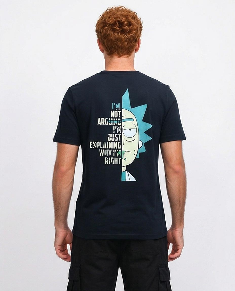 تيشيرت جرافيك للرجال من RAVIN x Rick and Morty – تيشيرت أسود بنمط ملابس الشارع مع طباعة "Not Arguing" على الظهر - O198039
