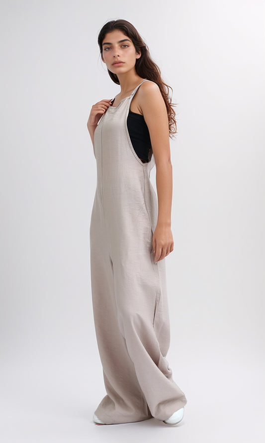 O198043 Spaghetti Strap Wide Leg Jumpsuit - Coffee