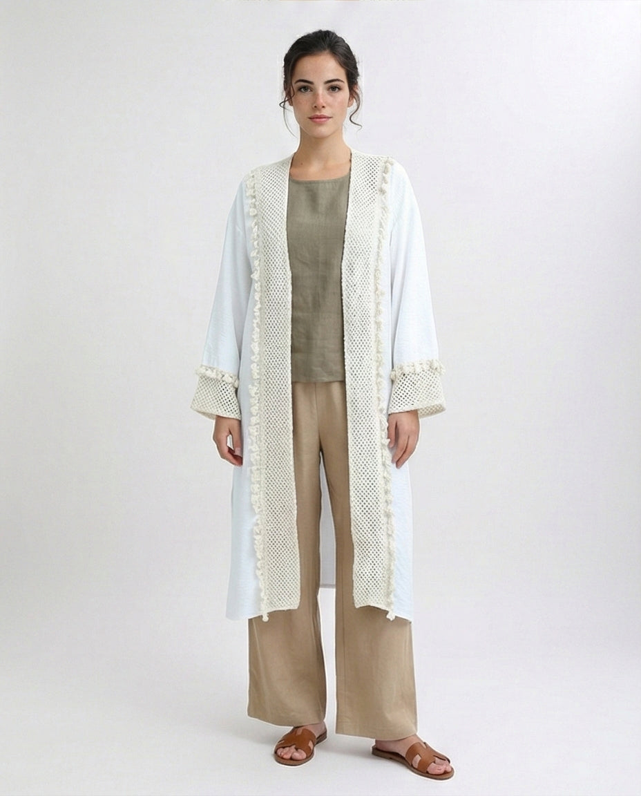 White Longline Crochet Trim Summer Cardigan - O198045