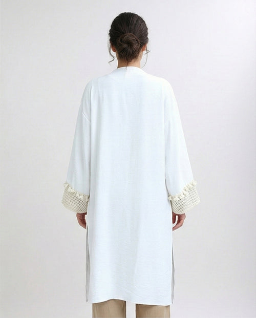 O198045 - Crochet Neckline White Summer Cardigan