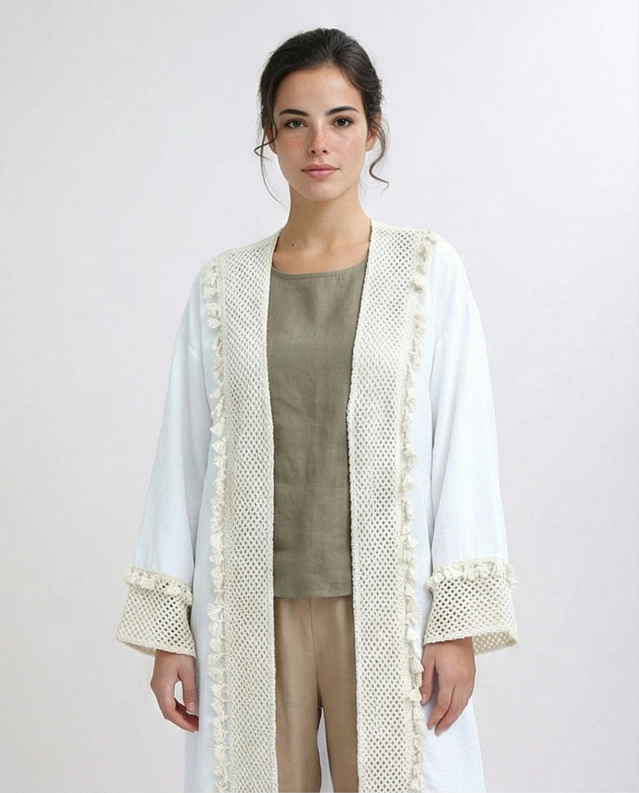 White Longline Crochet Trim Summer Cardigan - O198045