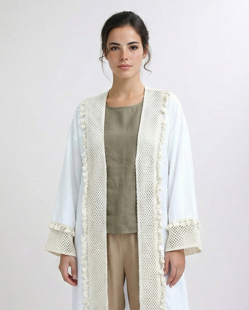 O198045 - Crochet Neckline White Summer Cardigan