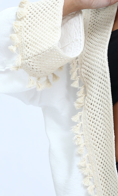 O198045 - Crochet Neckline White Summer Cardigan