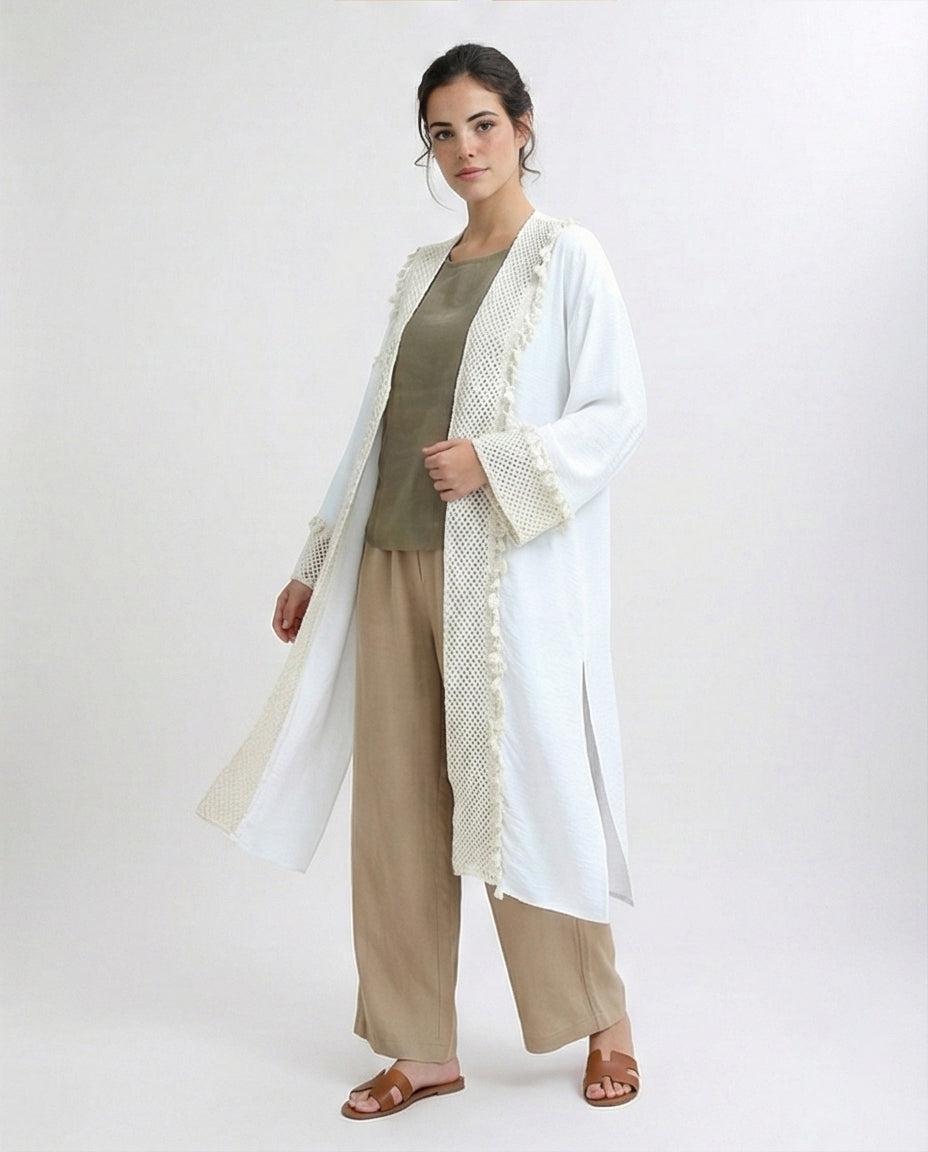 White Longline Crochet Trim Summer Cardigan - O198045