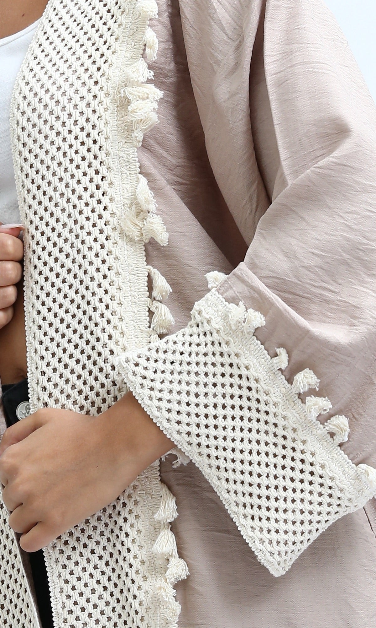 Taupe Crochet-Trimmed Longline Summer Cardigan - O198047