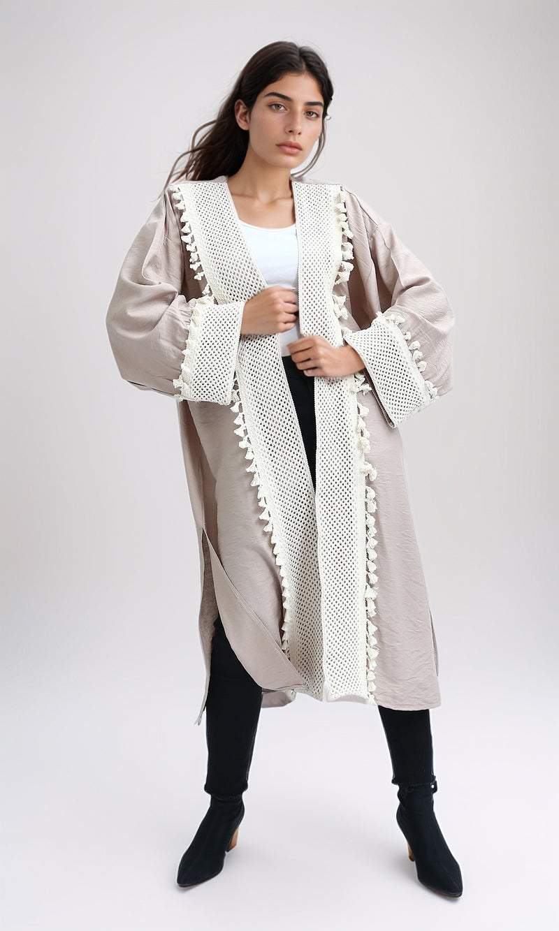 O198047 - Long Sleeves Coffee Crochet Summer Cardigan