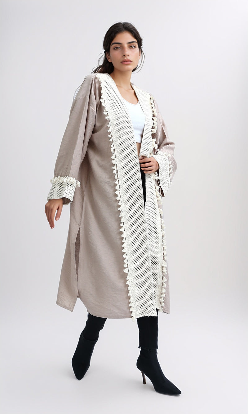 O198047 - Long Sleeves Coffee Crochet Summer Cardigan