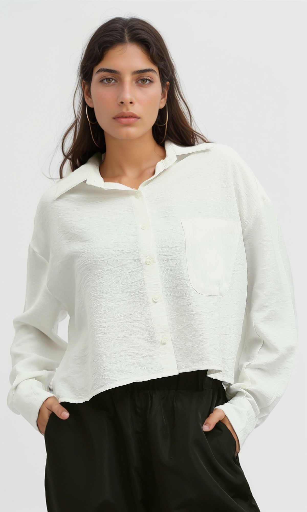 O198048 Short Shirt Long Sleeve With Side Pocket - White