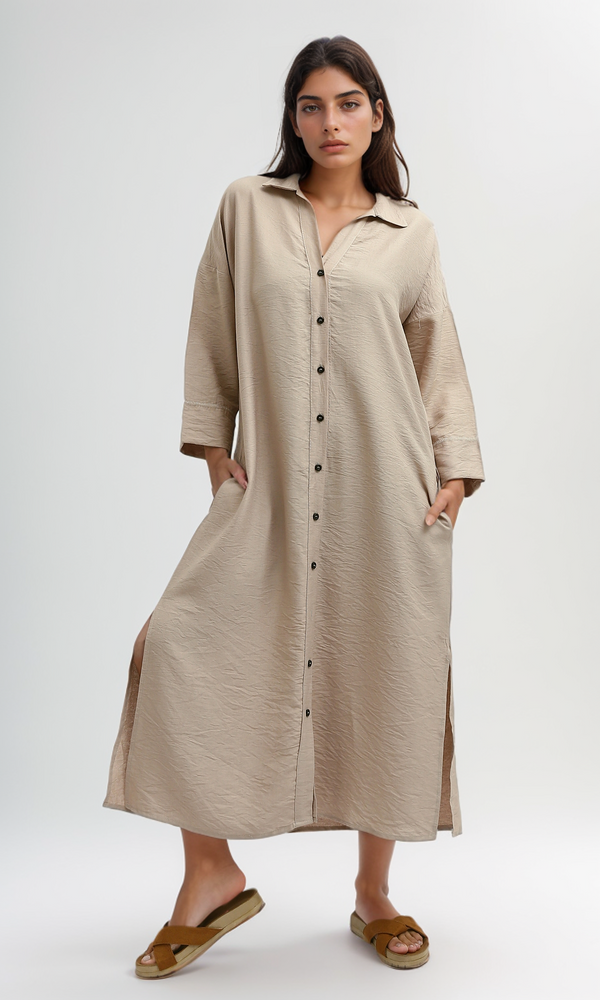 O198050 Full Buttons Dress 3/4 Sleeves With Side Pockets - Coffe