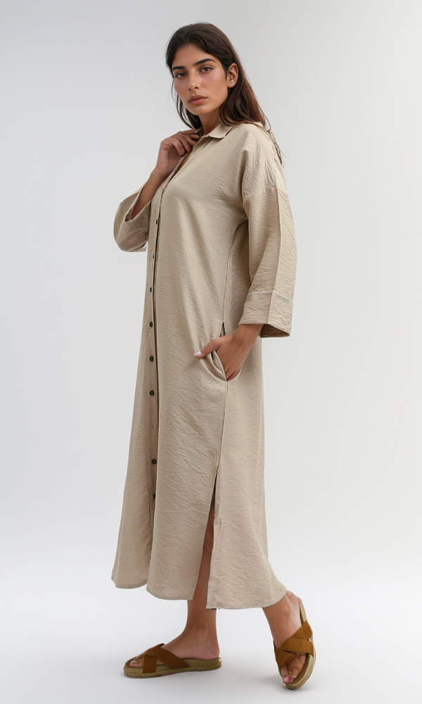 O198050 Full Buttons Dress 3/4 Sleeves With Side Pockets - Coffe