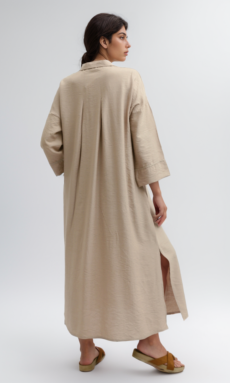 O198050 Full Buttons Dress 3/4 Sleeves With Side Pockets - Coffe