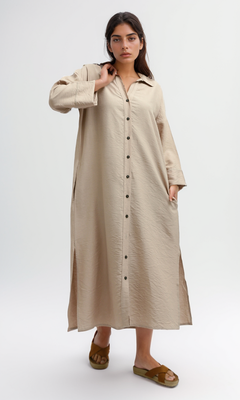 O198050 Full Buttons Dress 3/4 Sleeves With Side Pockets - Coffe