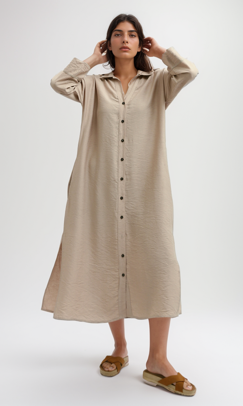 O198050 Full Buttons Dress 3/4 Sleeves With Side Pockets - Coffe
