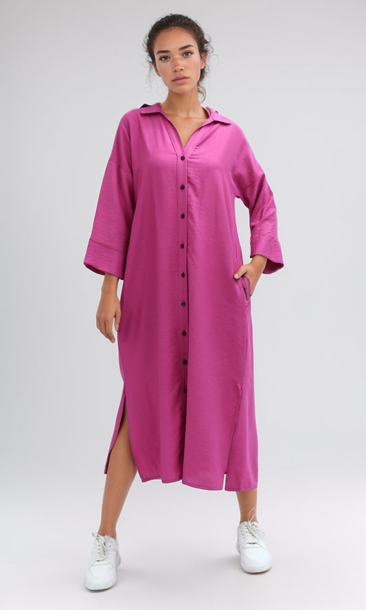 O198051 Solid Long Sleeves Dress With Side Slits - Fushia