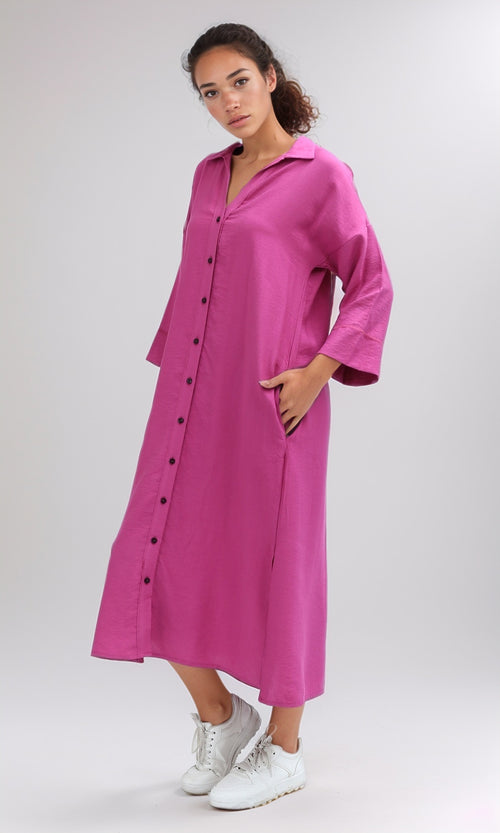 O198051 - Solid Long Sleeves Dress With Side Slits - Fushia