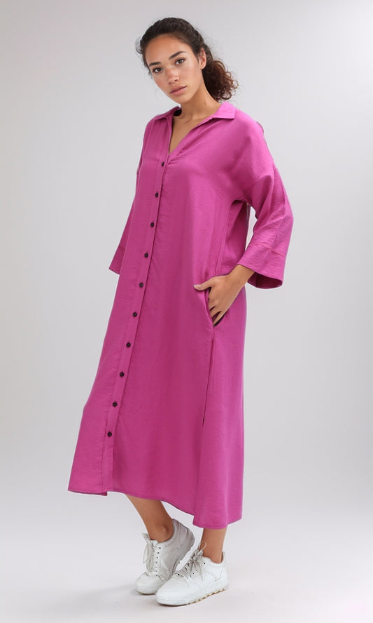 O198051 Solid Long Sleeves Dress With Side Slits - Fushia