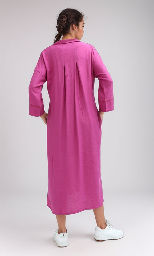 O198051 - Solid Long Sleeves Dress With Side Slits - Fushia