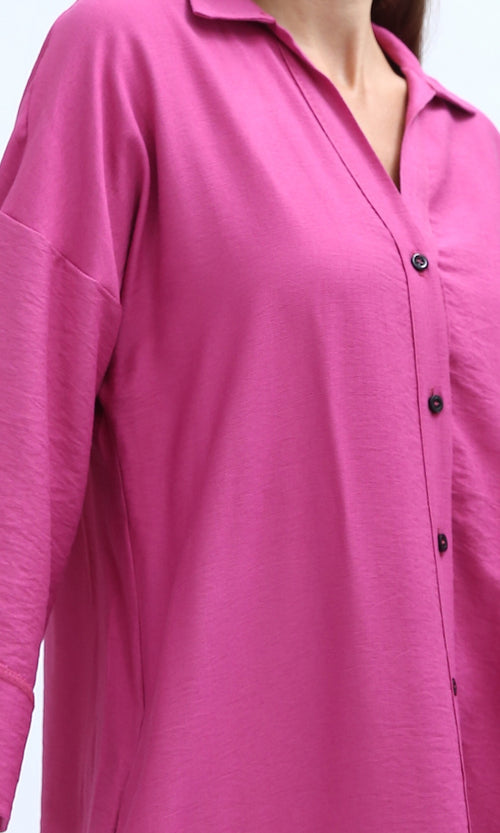 O198051 - Solid Long Sleeves Dress With Side Slits - Fushia