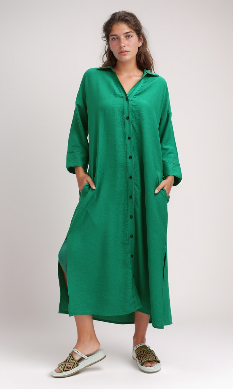 فستان قميص أخضر بأكمام طويلة وأزرار كاملة